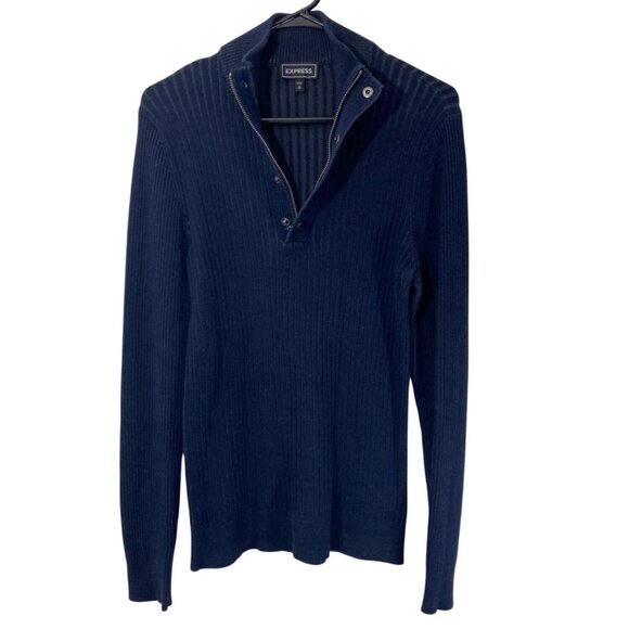 Express Men's Sweater Small Blue Ribbed Cotton Button-Up Pullover - Picture 6 of 6